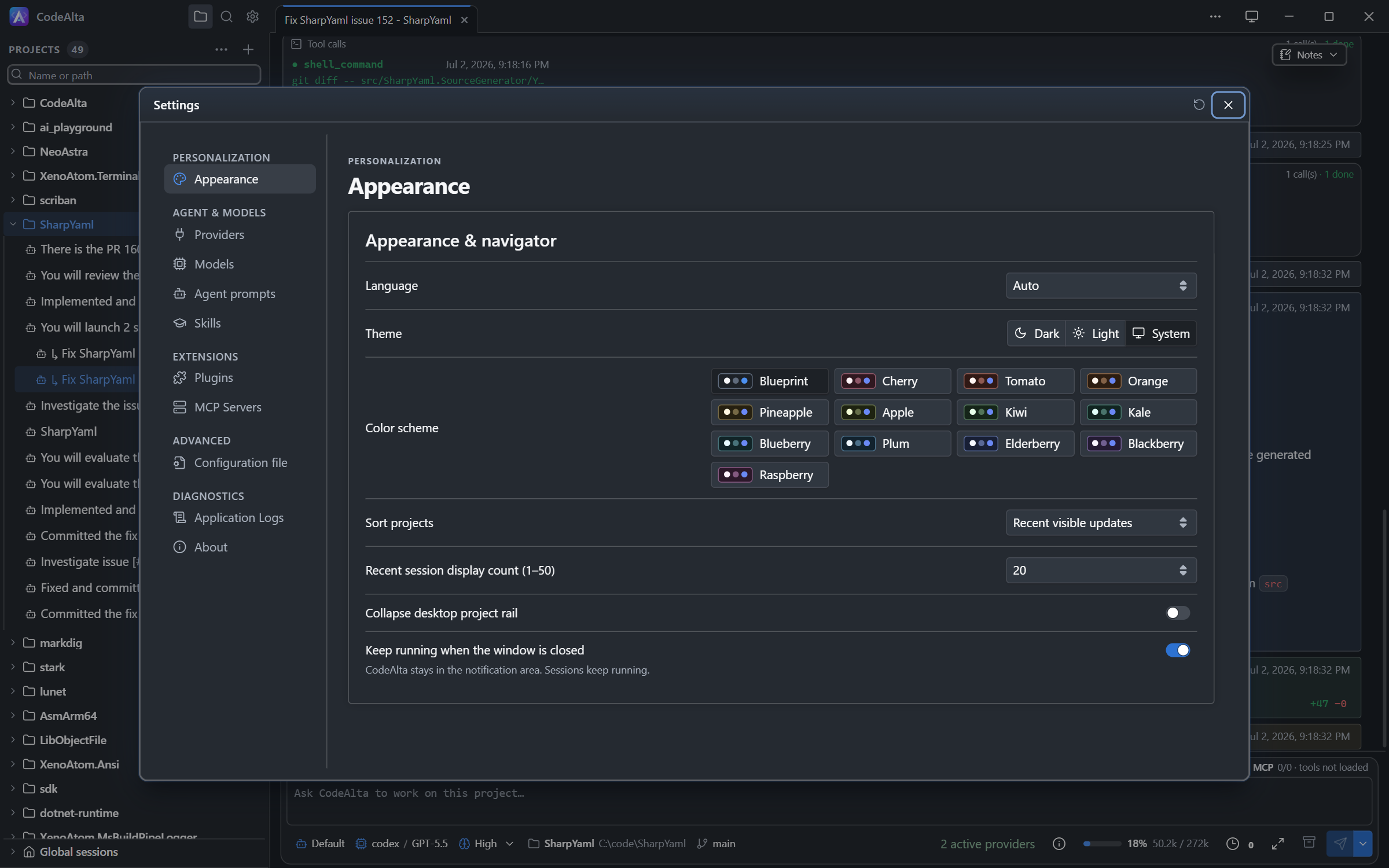 CodeAlta Desktop Settings window showing the Appearance page with the list of pages on the left