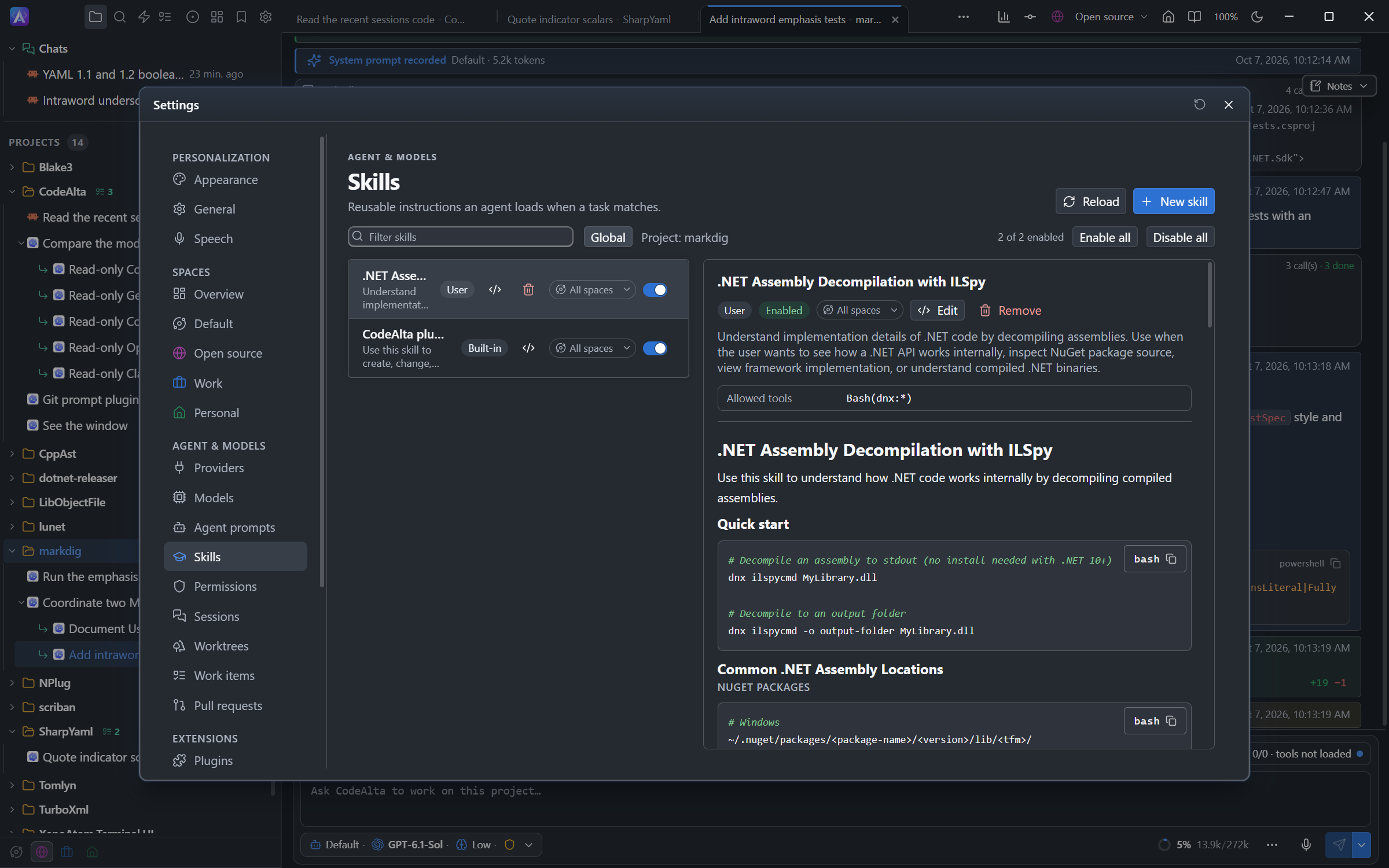 Skills management showing discovered skills in CodeAlta Desktop