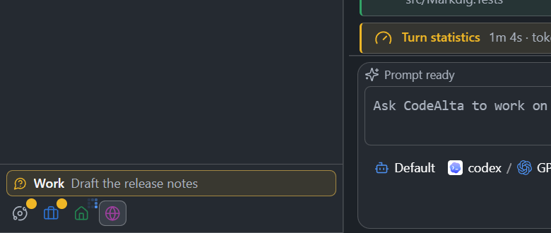 The foot of the Explorer: a line that says the session Draft the release notes waits in the Work space, above the buttons of the four spaces with their marks