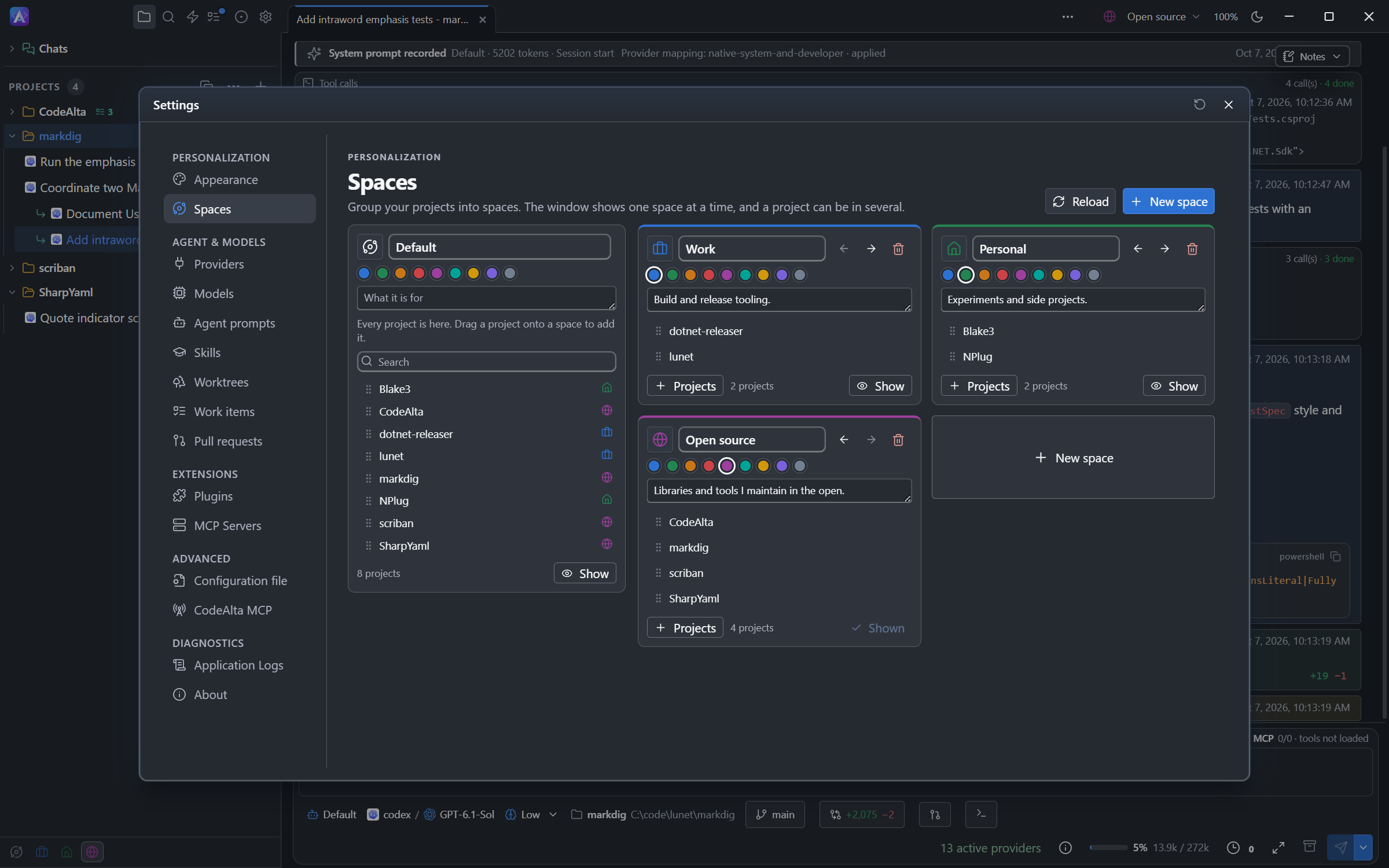 The Spaces page of Settings: the Default space with every project on the left, and the cards of the Work, Personal and Open source spaces with their descriptions and projects