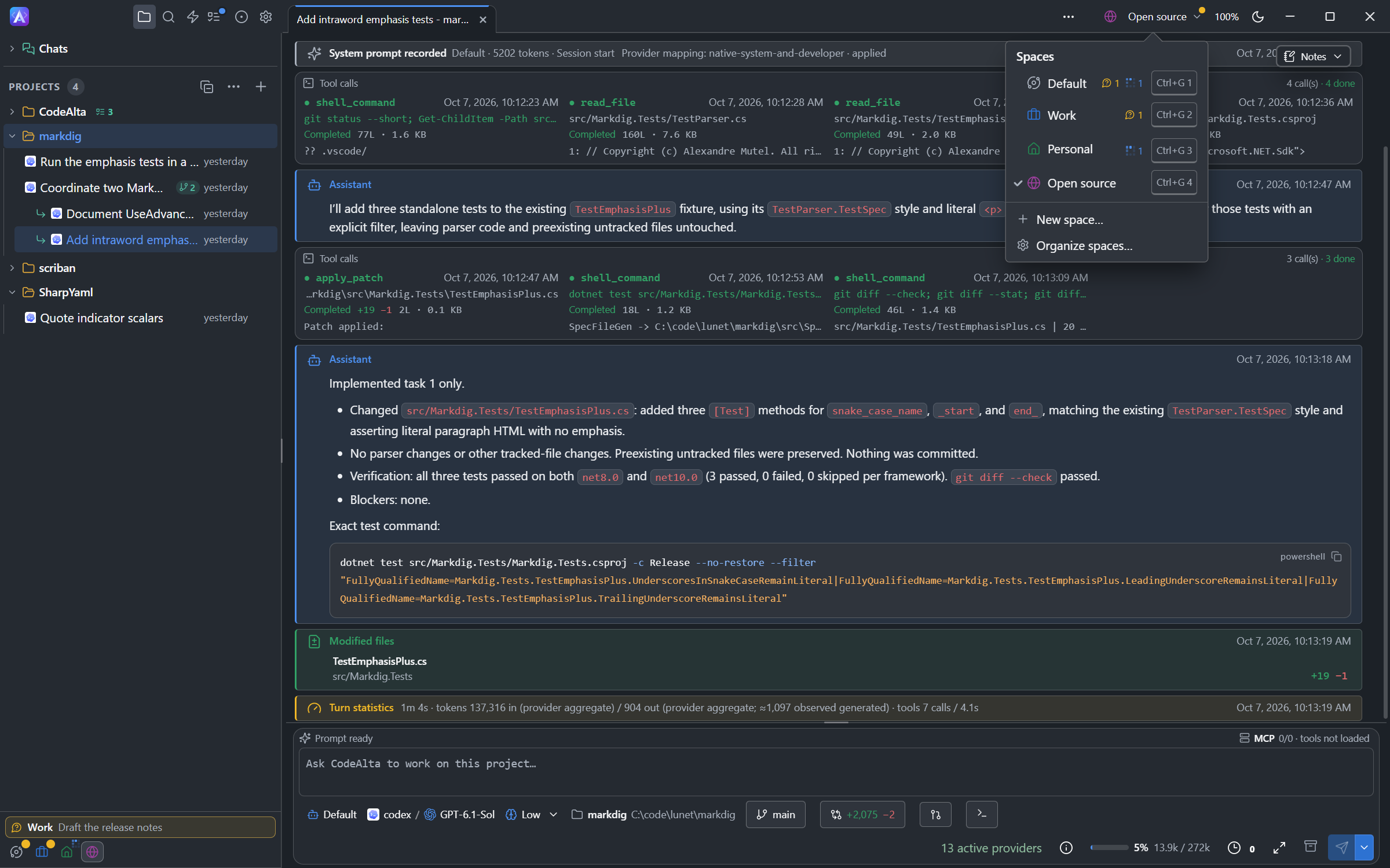 CodeAlta Desktop showing the Open source space with its four projects, and the list of the space switch open: Default, Work, Personal and Open source, each with its key, then New space and Organize spaces