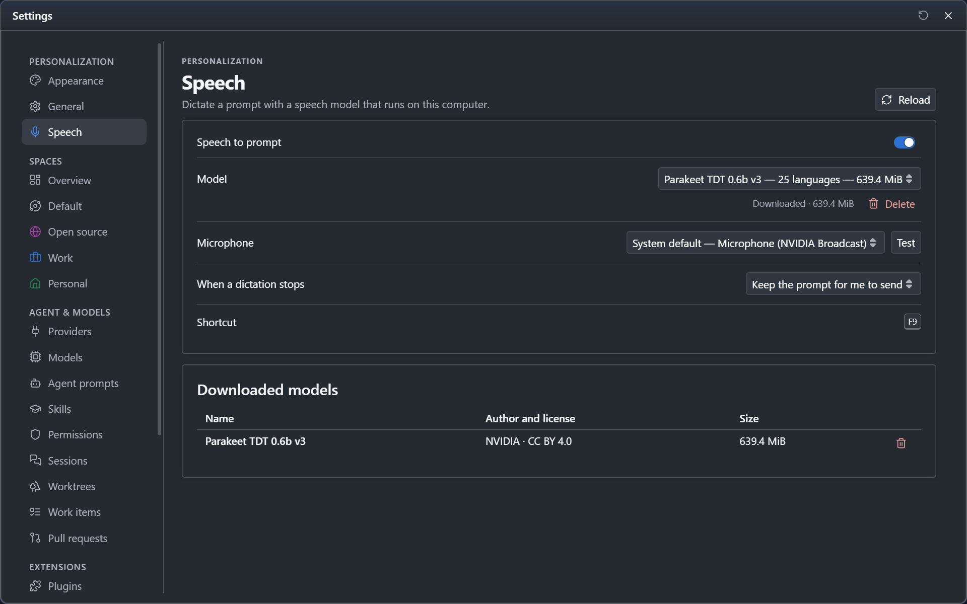 The Speech page of Settings: speech to prompt turned on, the model, the microphone with its Test button, what happens when a dictation stops, and the downloaded models