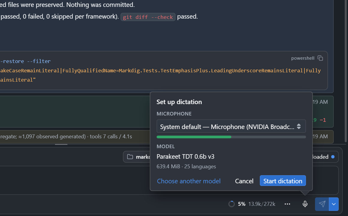The Set up dictation popover above the microphone button of the prompt: the microphone with its level, the model, and Start dictation