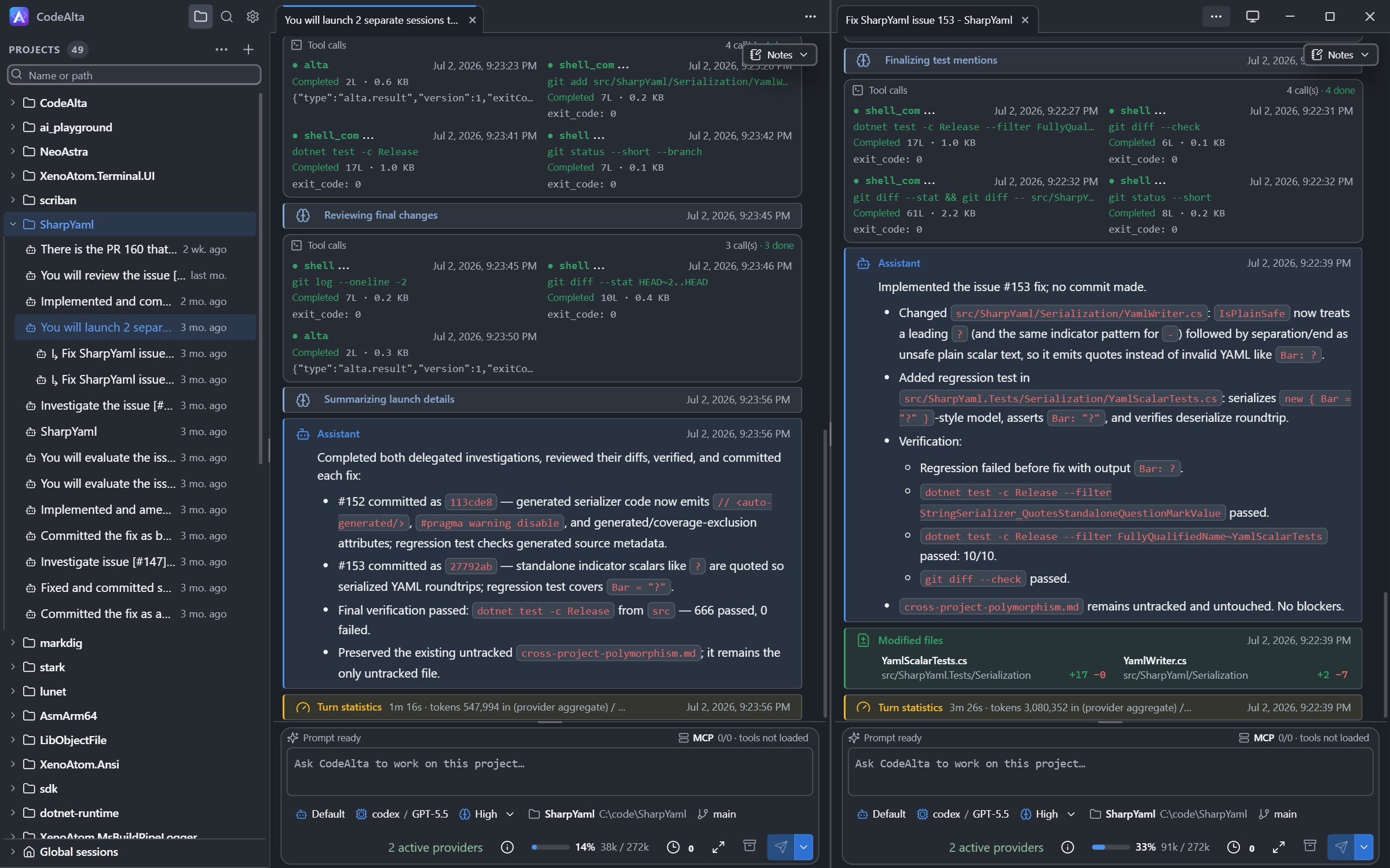 CodeAlta Desktop with two sessions side by side