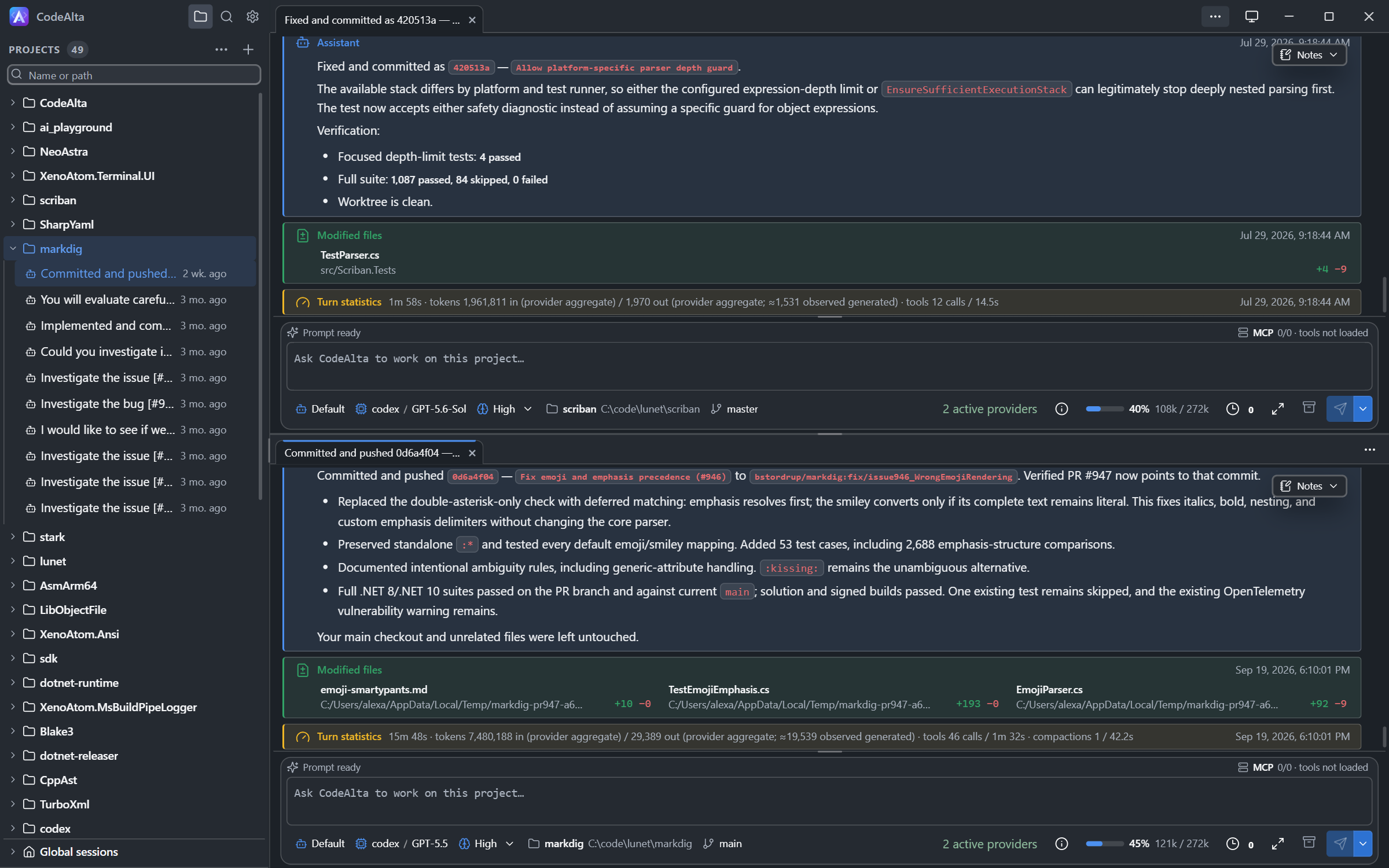 CodeAlta Desktop with two sessions stacked