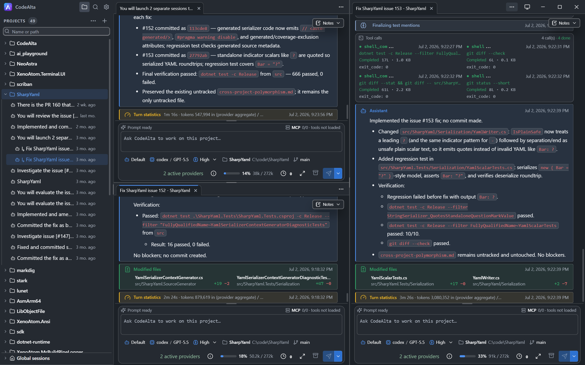 CodeAlta Desktop with a parent session and its two child sessions in three panes
