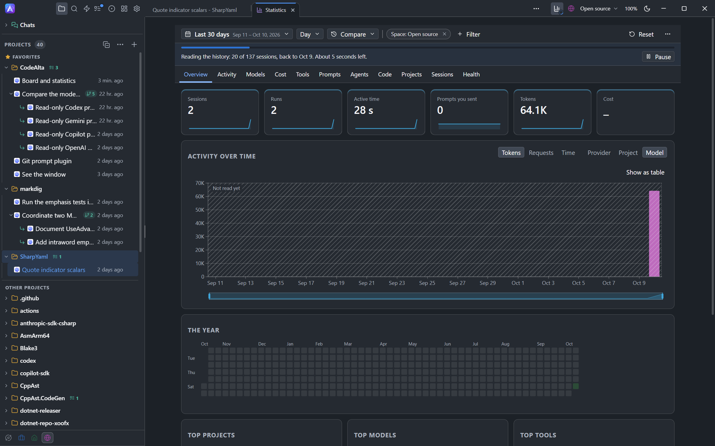 The Statistics tab while the history is read: a bar says 20 of 137 sessions are read, back to which day and how long is left, with a Pause button, and the days not read yet are hatched in the chart