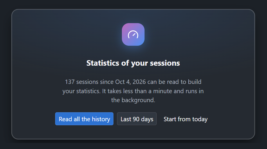The first card of the Statistics tab: the number of sessions that can be read and since when, with the buttons Read all the history, Last 90 days and Start from today
