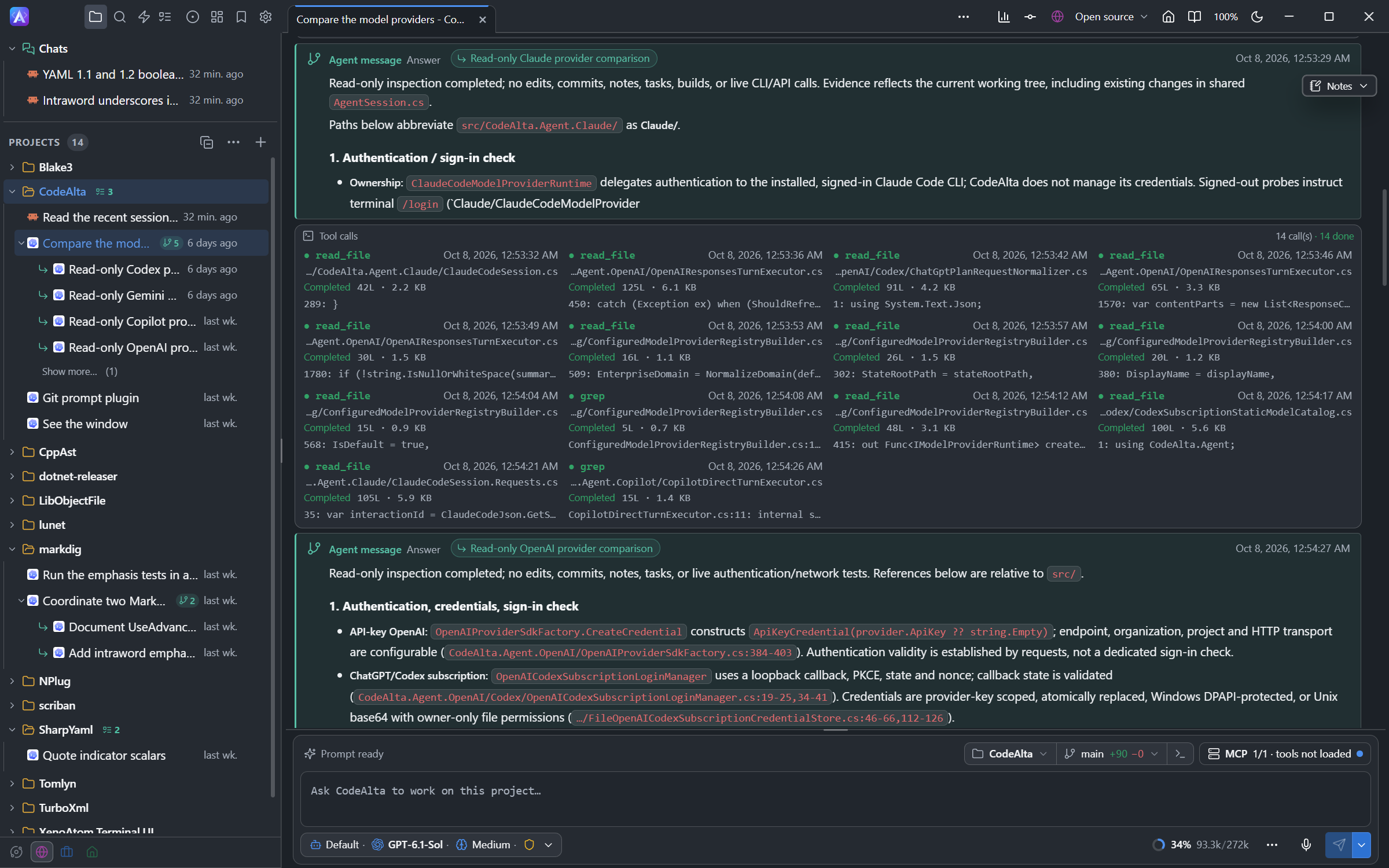 A session with five sub-agents: four listed under it in the sidebar, Show more for the fifth, and the answers of two of them in its timeline
