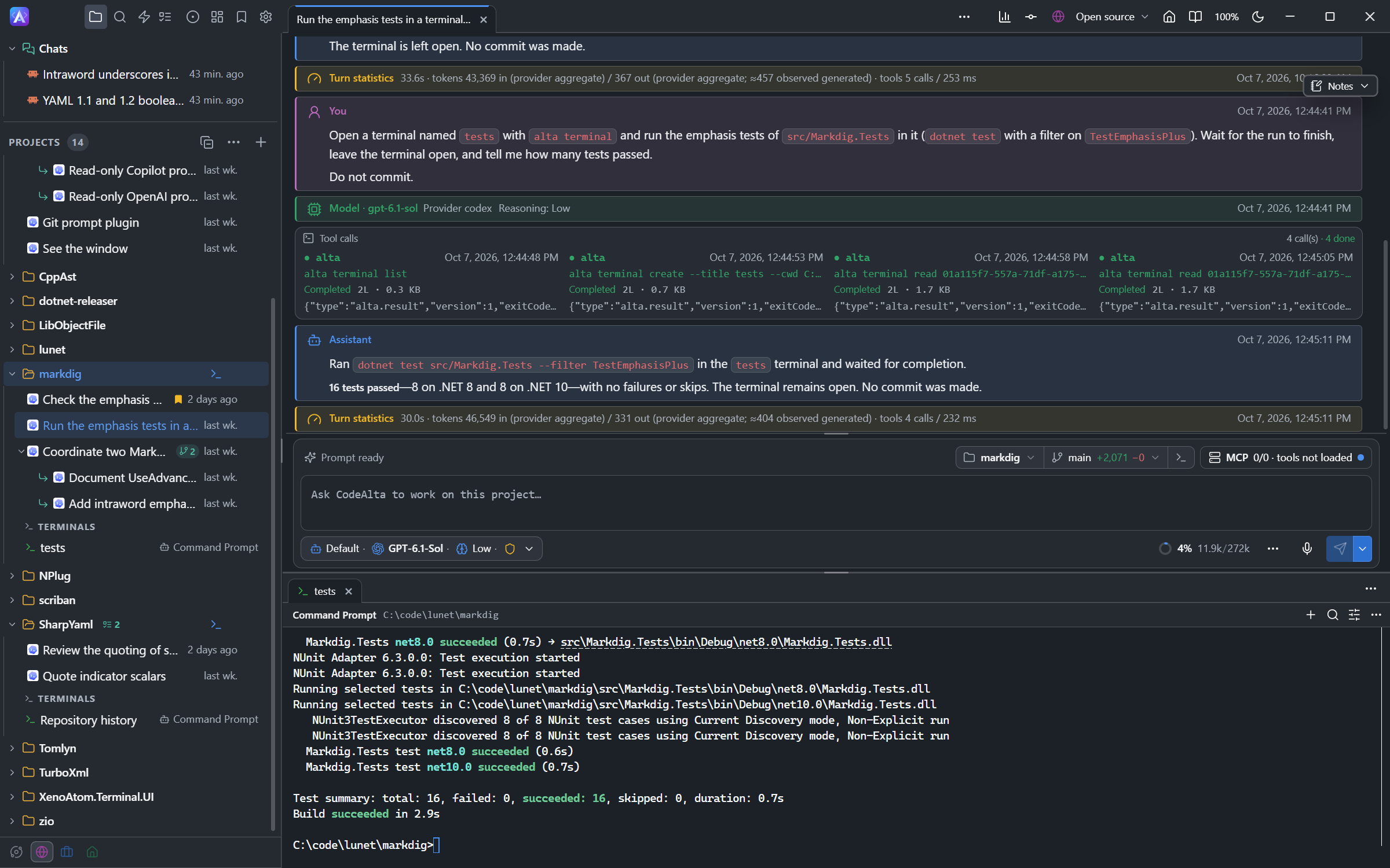 CodeAlta Desktop with a session that ran a command in a terminal it created, and that terminal under the session