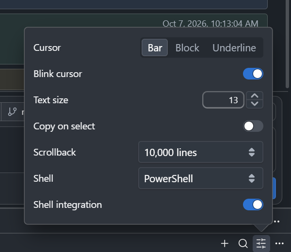 Options of a terminal in CodeAlta Desktop: cursor, blink, text size, copy on select, scrollback and shell integration
