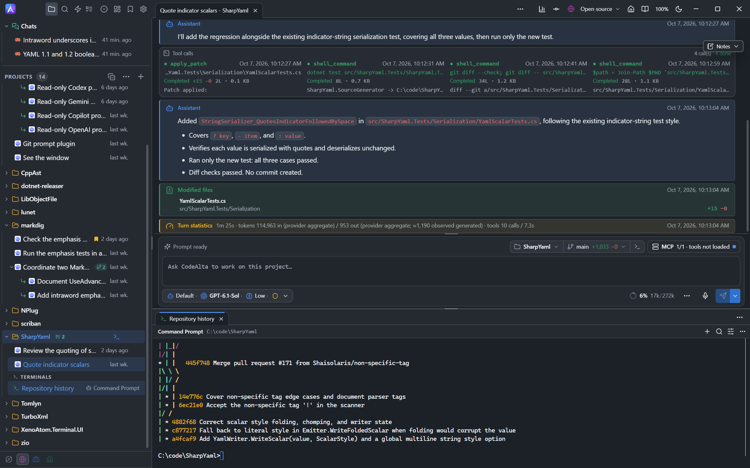 CodeAlta Desktop with a session at the top, a terminal under it and the terminals of the project listed in the sidebar