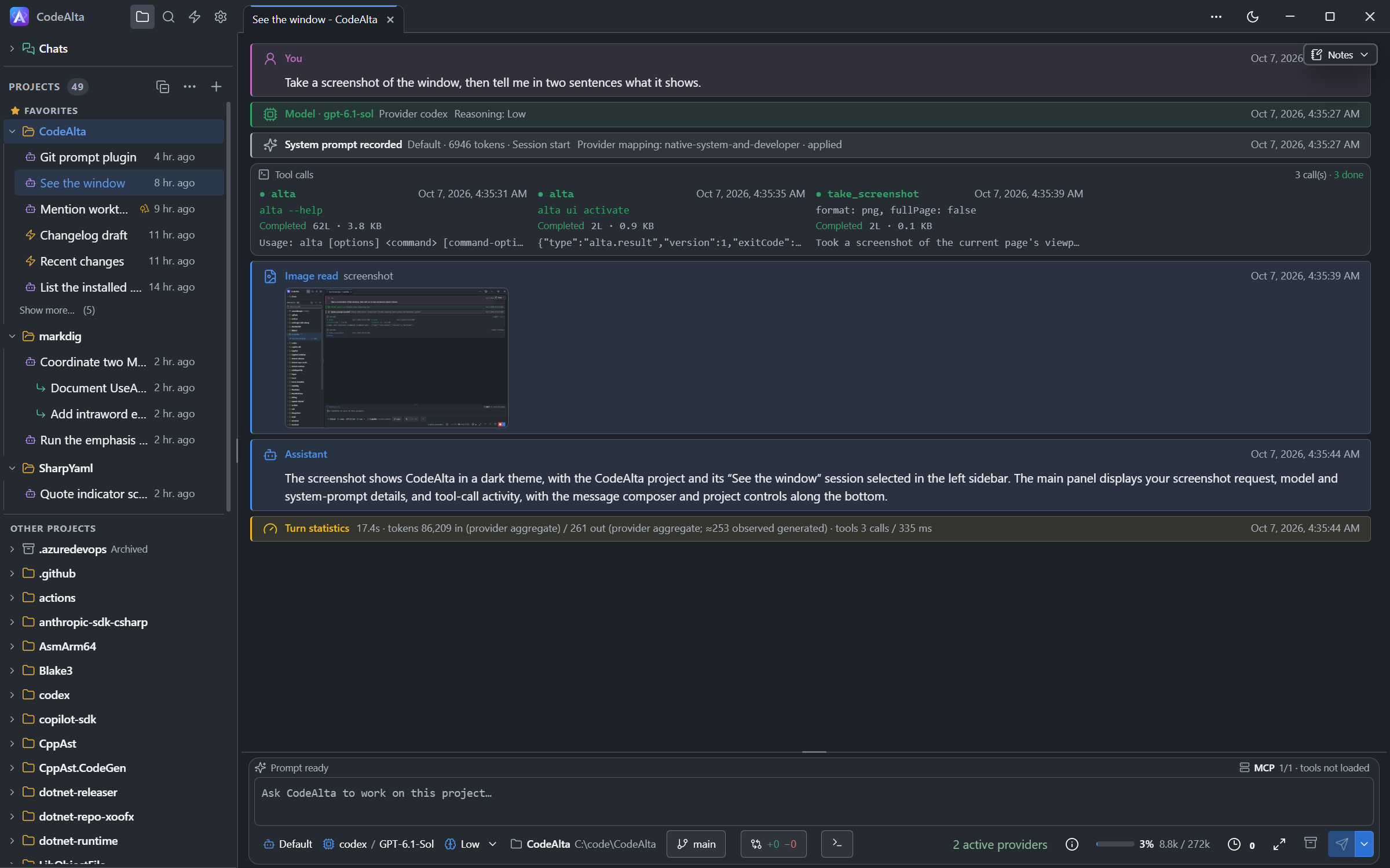 A session of CodeAlta Desktop that took a screenshot of its window: the tool calls, the picture and the answer of the agent