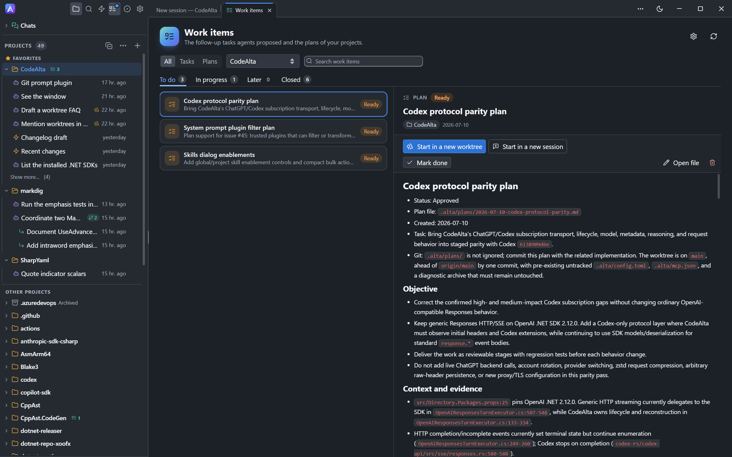 The Work items tab of CodeAlta Desktop with the plans of a project and one of them open