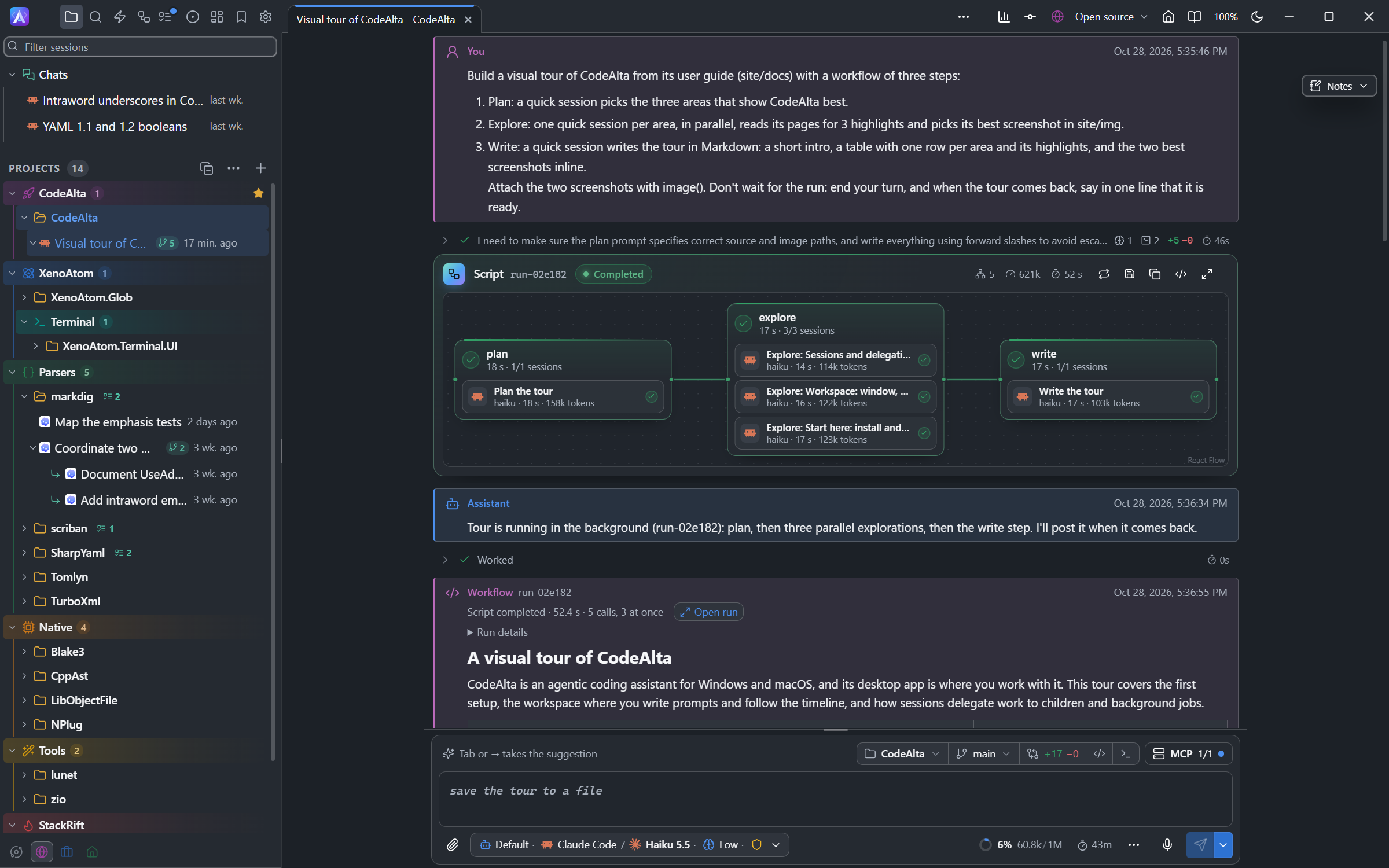 A session of CodeAlta asked for a visual tour of its user guide: the workflow block of its script with three steps left to right, plan, explore with three sessions, and write, each session with its model, duration and tokens, then the Workflow message with the tour