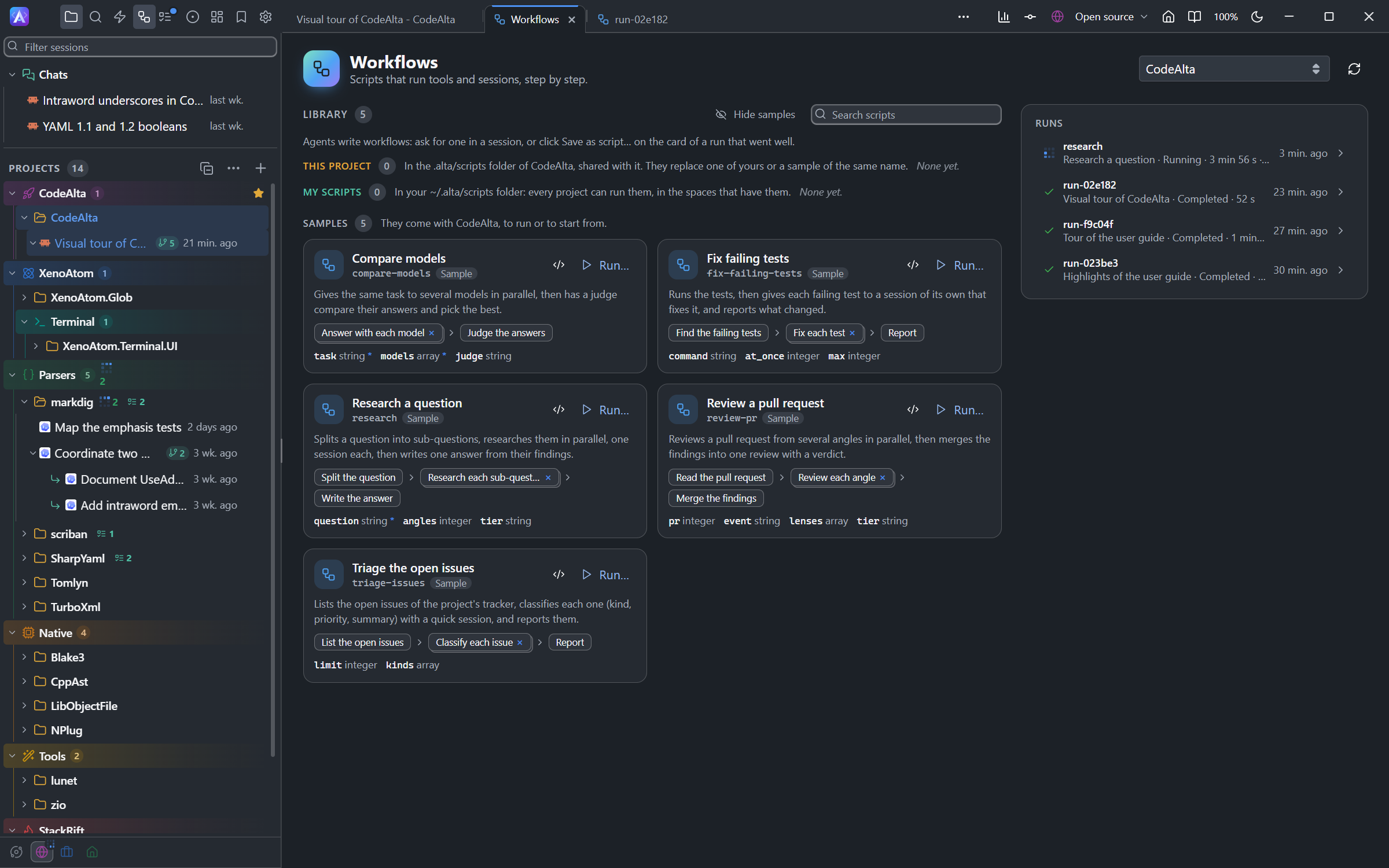 The Workflows tab of the CodeAlta project: the library with This project, My scripts and five samples with their steps and parameters, and the runs on the right, one of them running