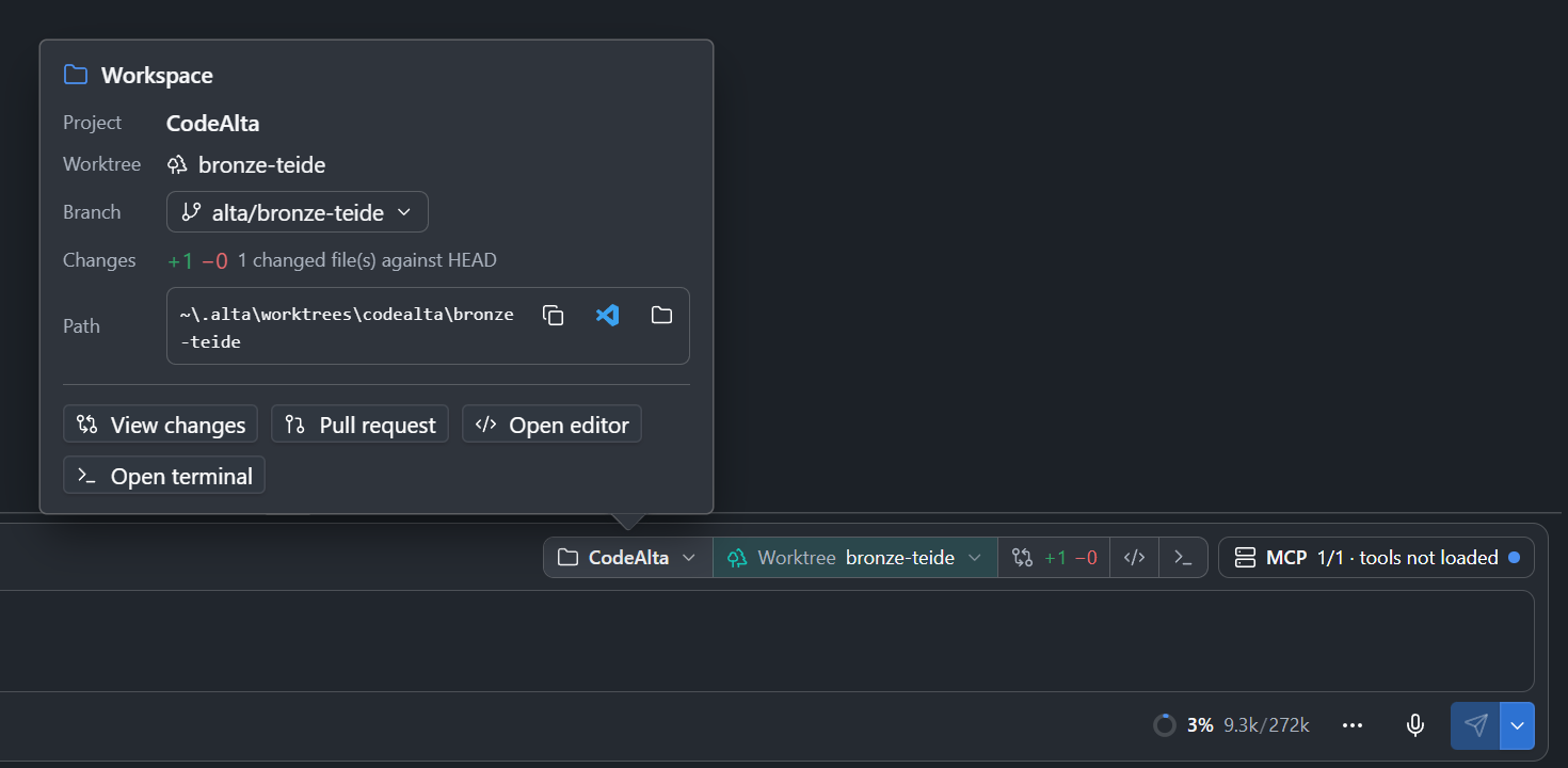 The Workspace popover above the prompt of a session in a worktree: project, worktree, branch, changes and path with buttons to copy it and open it in Visual Studio Code and the file manager, then View changes, Pull request, Open editor and Open terminal