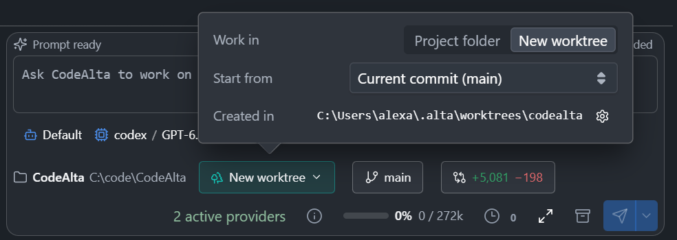 The choice under the prompt of a new session: Project folder or New worktree, the branch to start from and the folder of the worktree