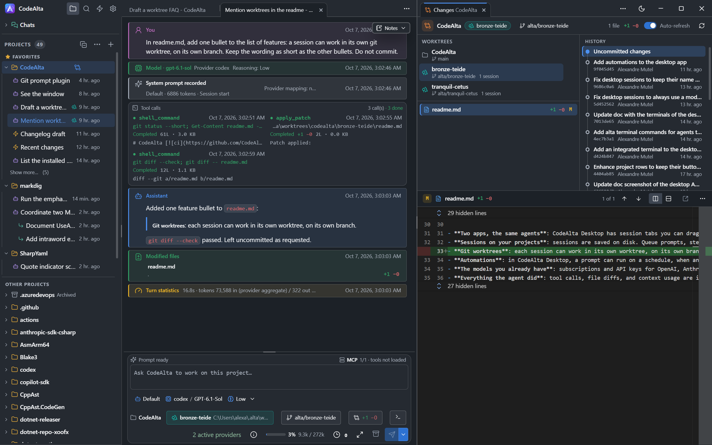 CodeAlta Desktop with a session that works in a worktree, and the Changes tab listing the worktrees of the project