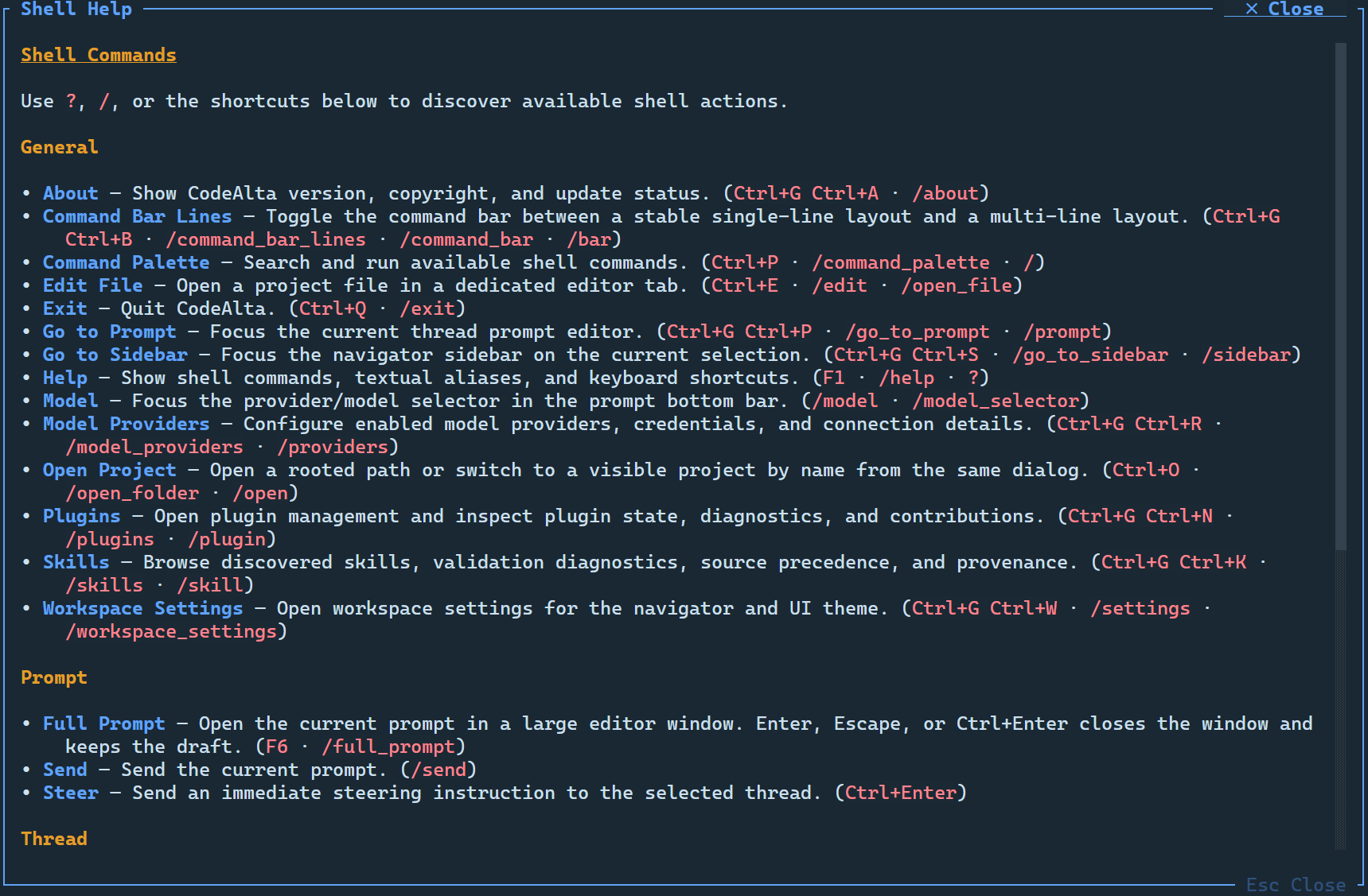 CodeAlta help dialog listing thread, queue, steering, and delegation shortcuts