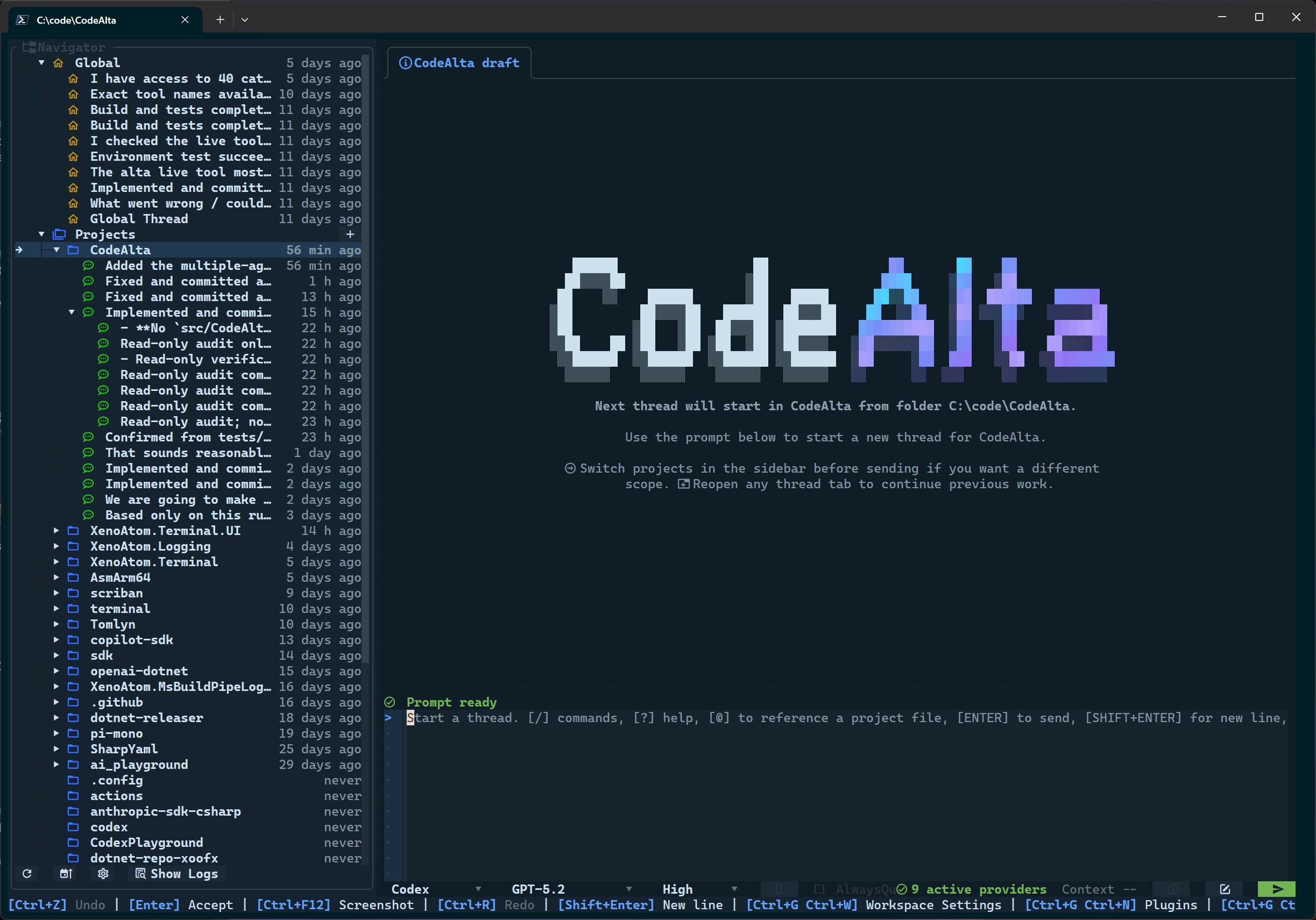 CodeAlta main workspace with projects, thread timeline, prompt editor, and provider footer