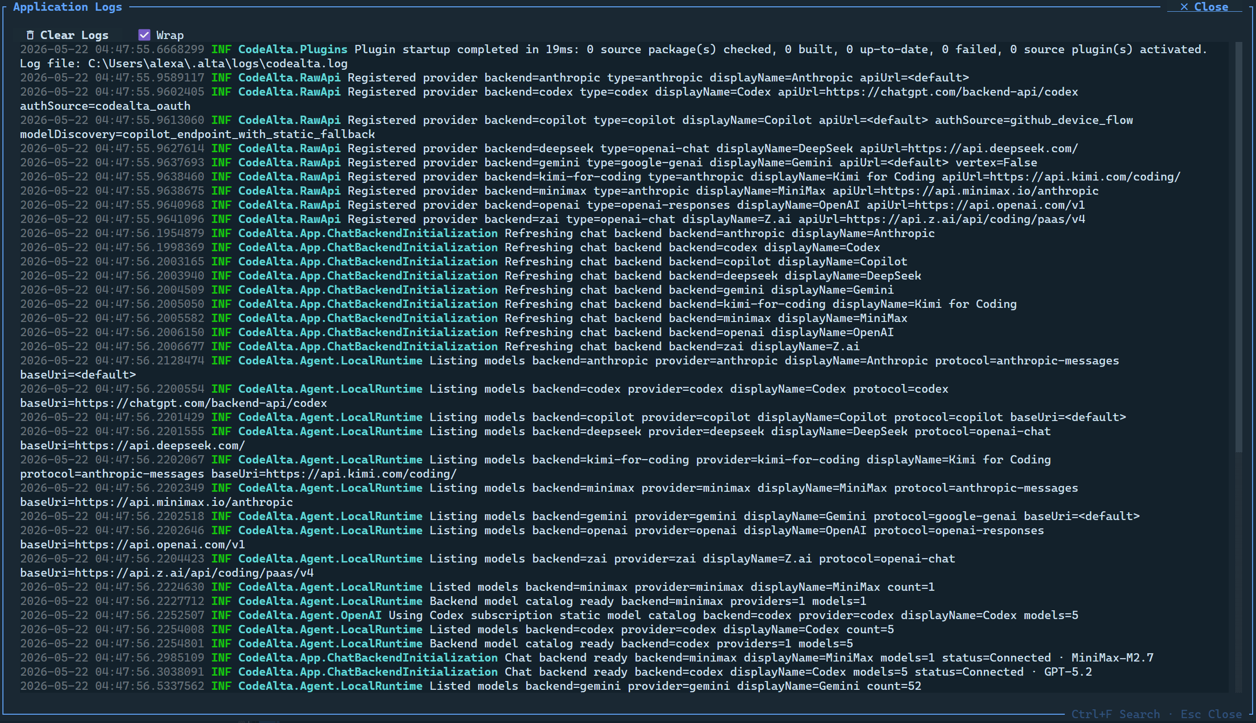 CodeAlta logs viewer with diagnostic output and search controls
