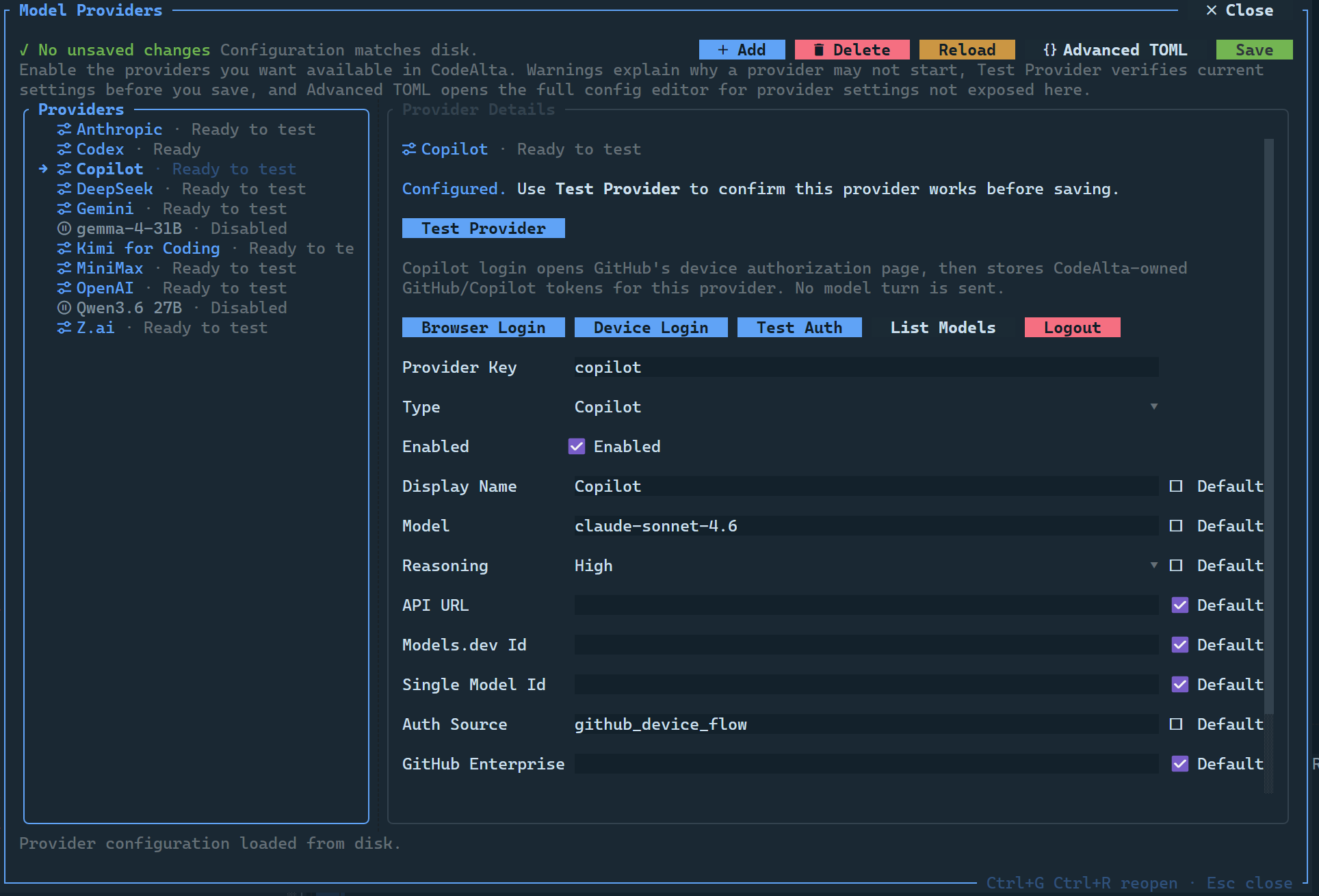 CodeAlta Model Providers dialog for configuring providers and models
