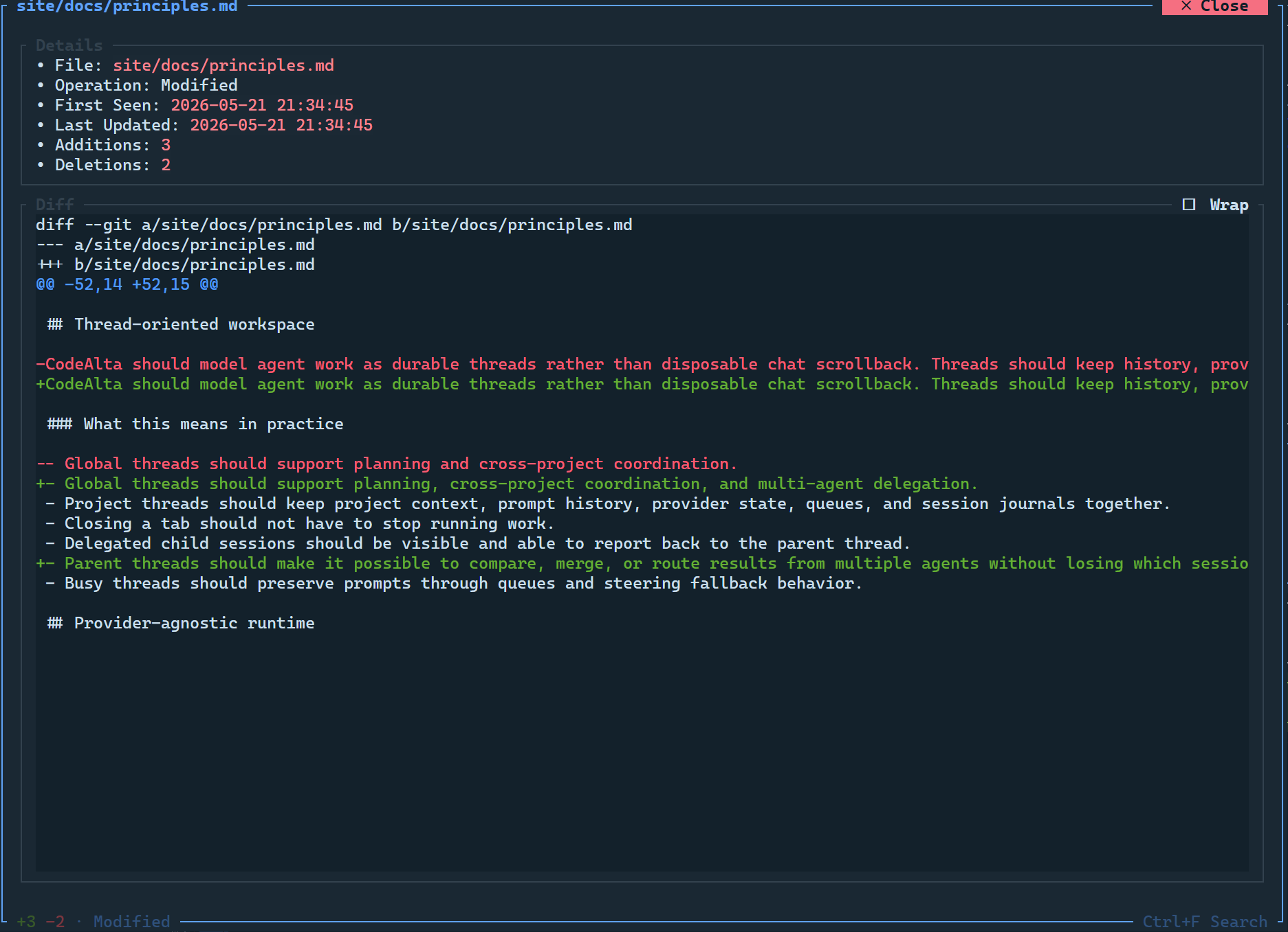 CodeAlta modified-files timeline card summarizing file changes