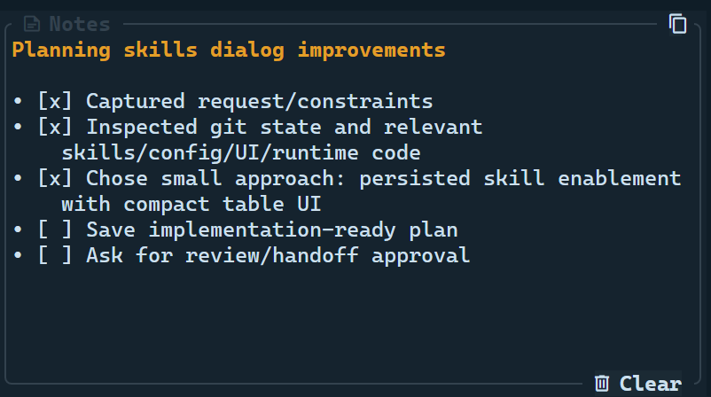 CodeAlta Notes panel showing a Markdown checklist for an active session