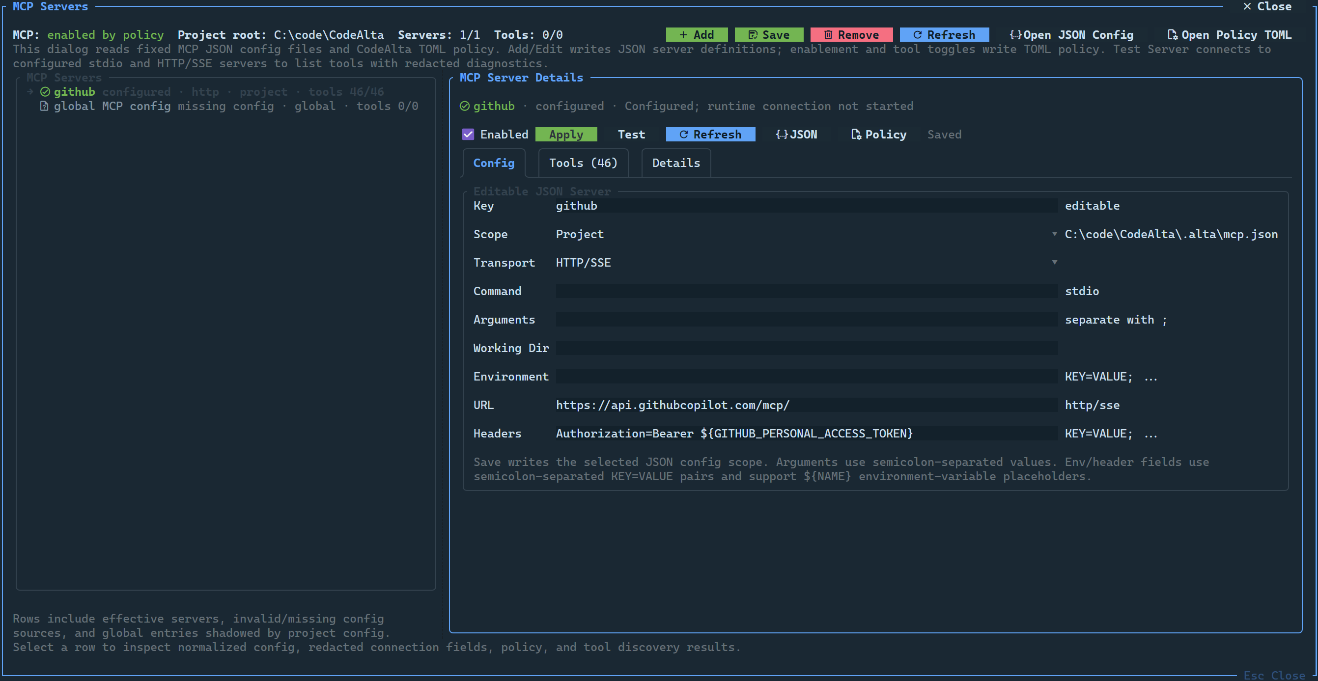 CodeAlta MCP Servers dialog showing configured MCP servers and tools