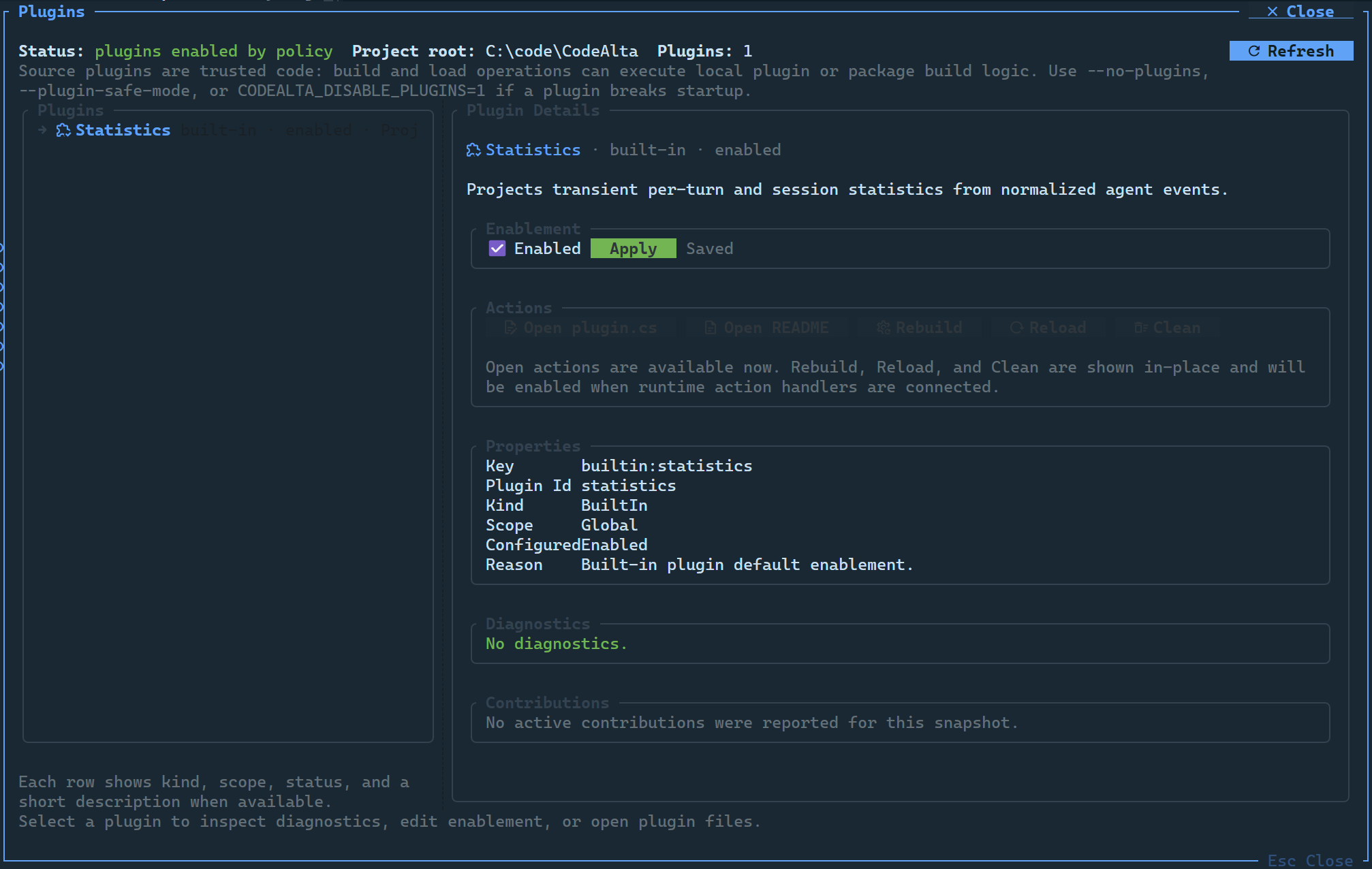 CodeAlta plugin management dialog with plugin diagnostics and contributions