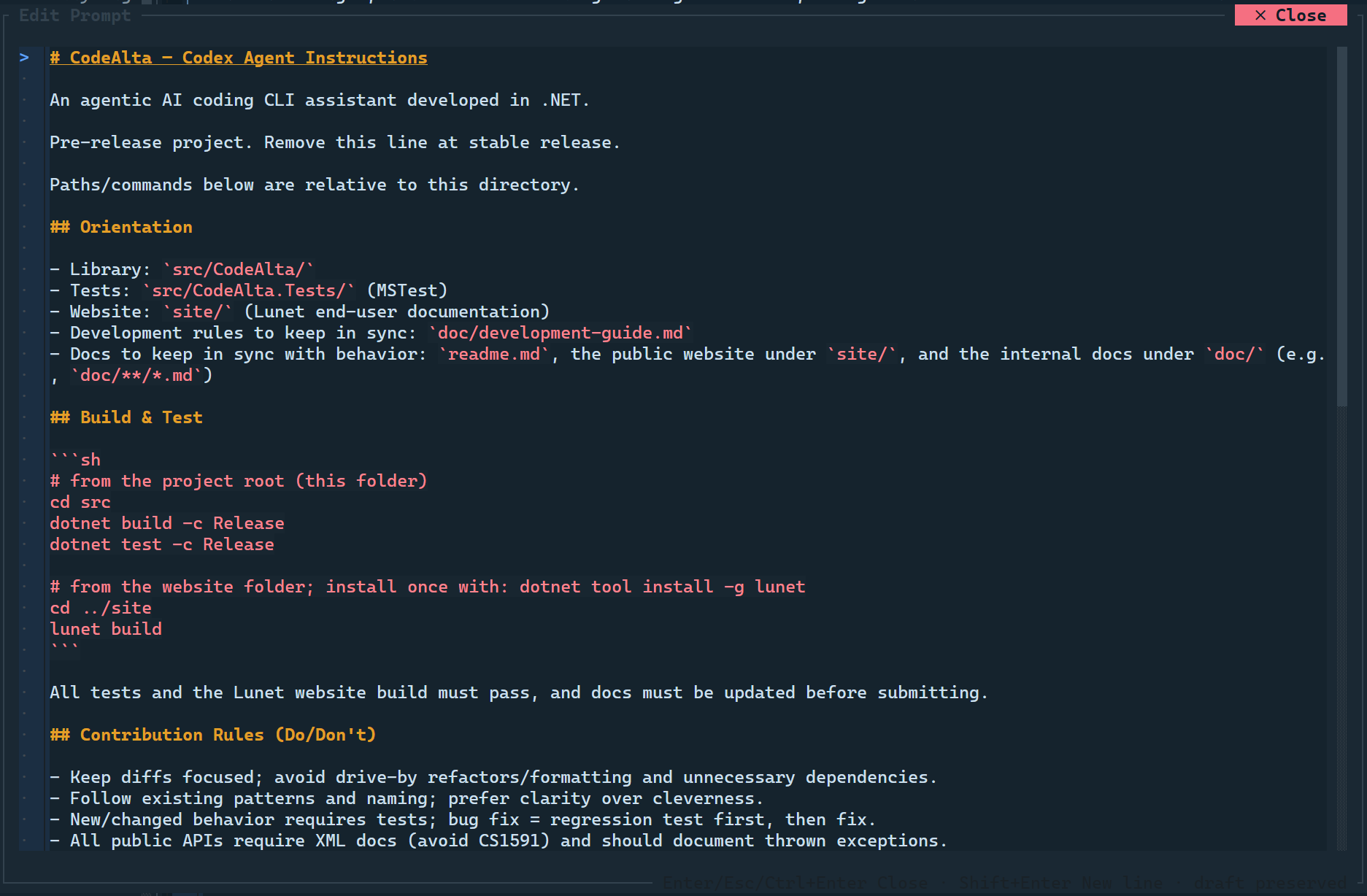 CodeAlta full-screen prompt editor for longer multi-line prompts