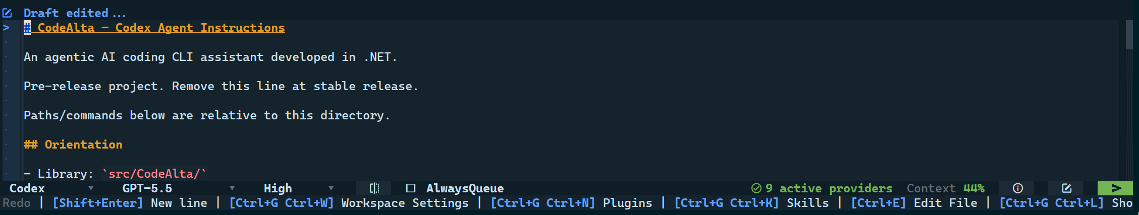 CodeAlta inline prompt editor with model controls, context usage, and send actions
