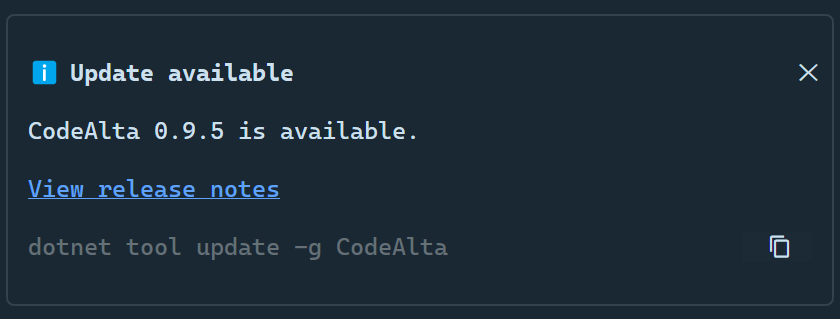 CodeAlta update-available toast showing a newer package version and a dotnet tool update command