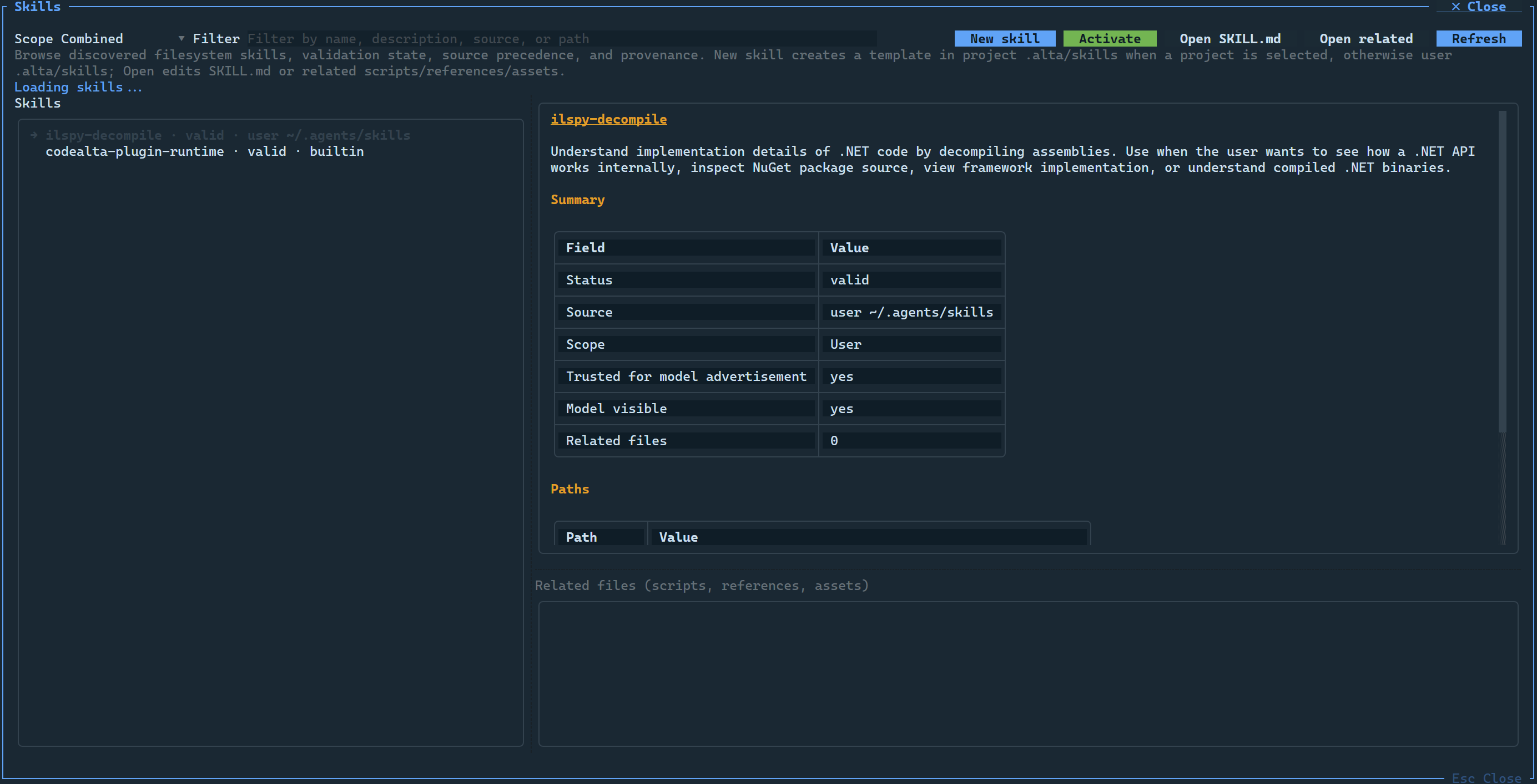 CodeAlta skills management dialog showing discovered skills and activation details