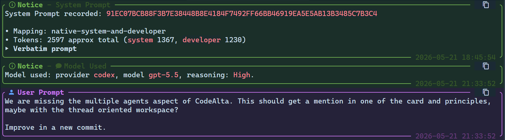 CodeAlta timeline showing system prompt details and a user prompt