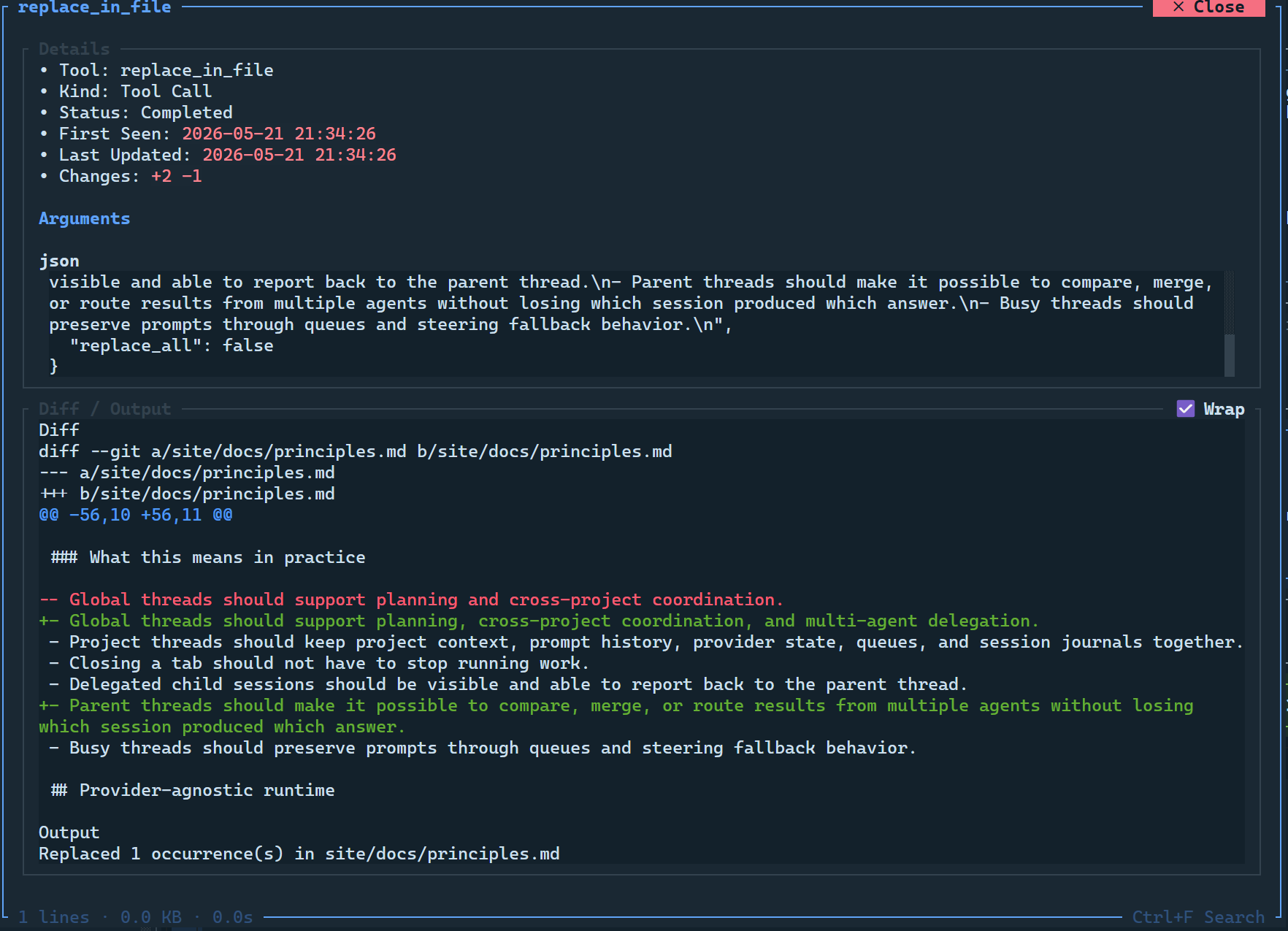 CodeAlta tool input and output dialog showing inspectable execution details