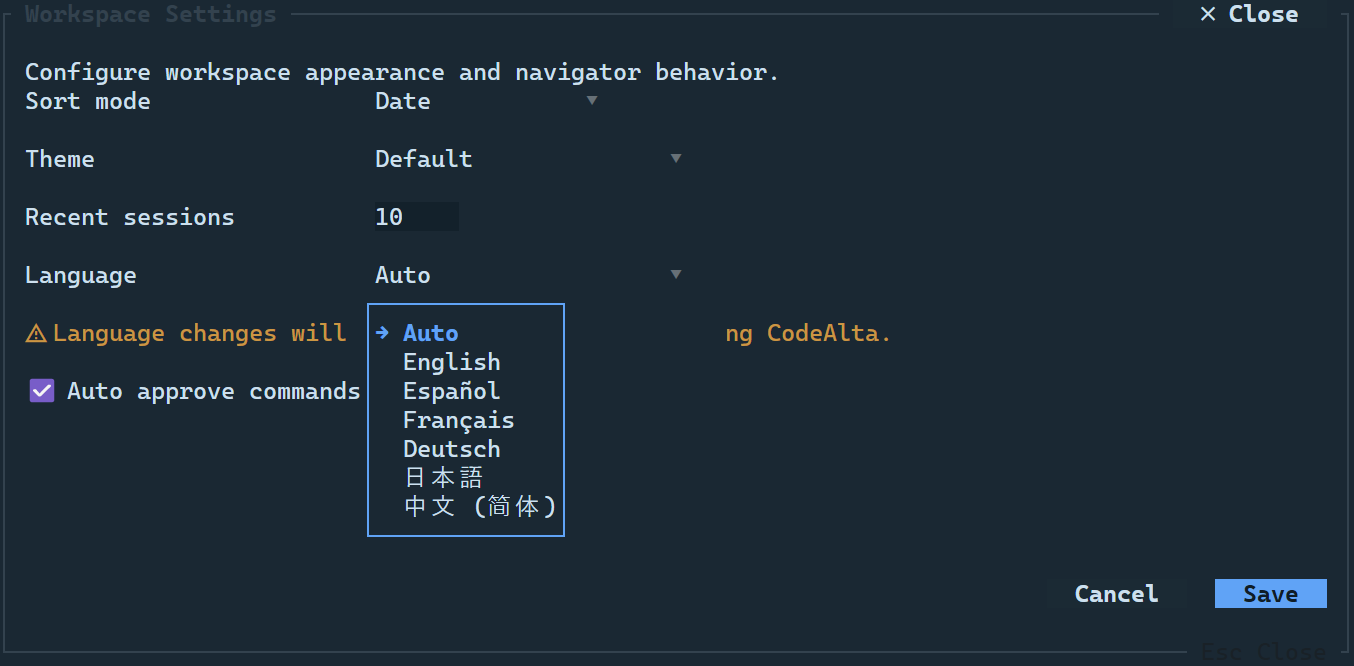 CodeAlta Workspace Settings dialog showing theme, recent sessions, language, and auto-approve options